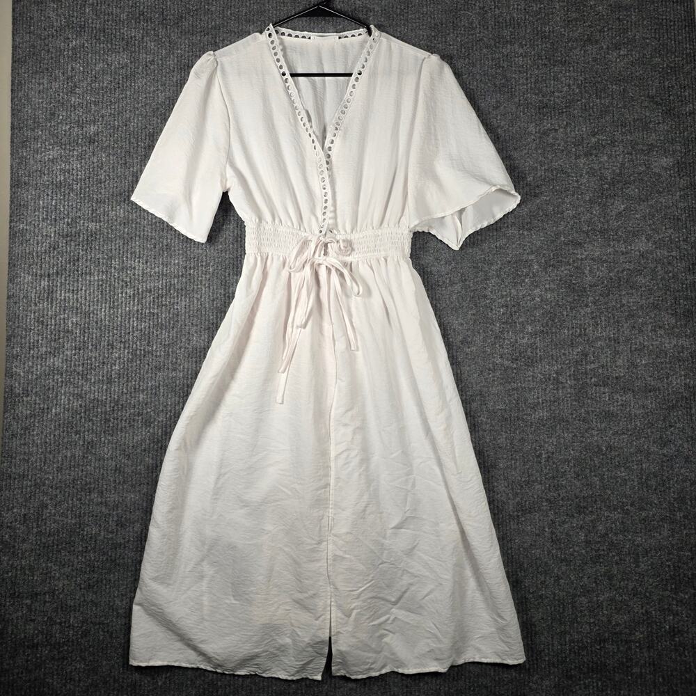 Ekouaer White Cover Up Dress Boho Midi Smocked Waist‎ Size M